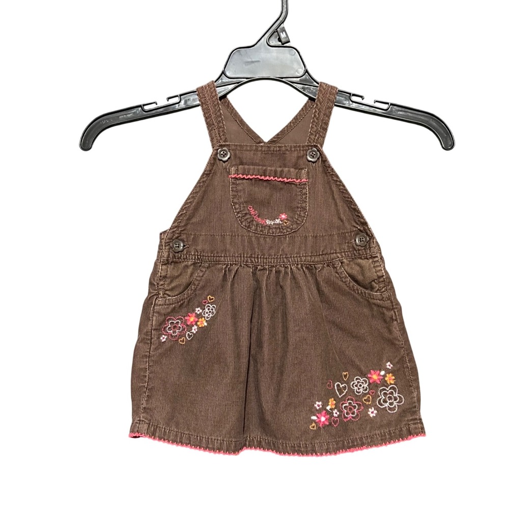 OshKosh B'gosh VeskBak Brown Corduroy Dress Baby 9M Floral Embroidered Overall‎